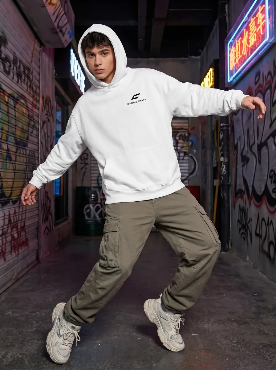 White hoodie worn front