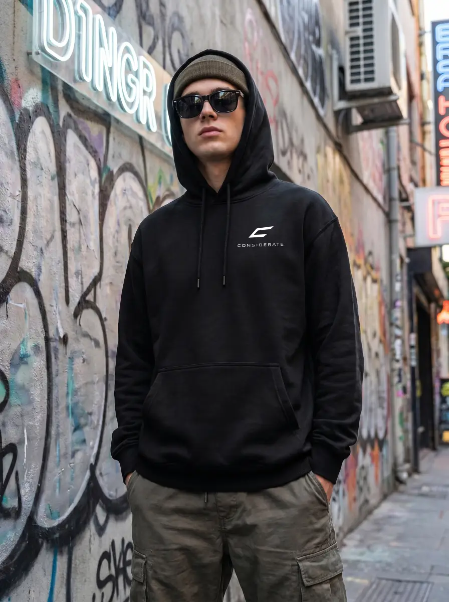 Black hoodie worn front
